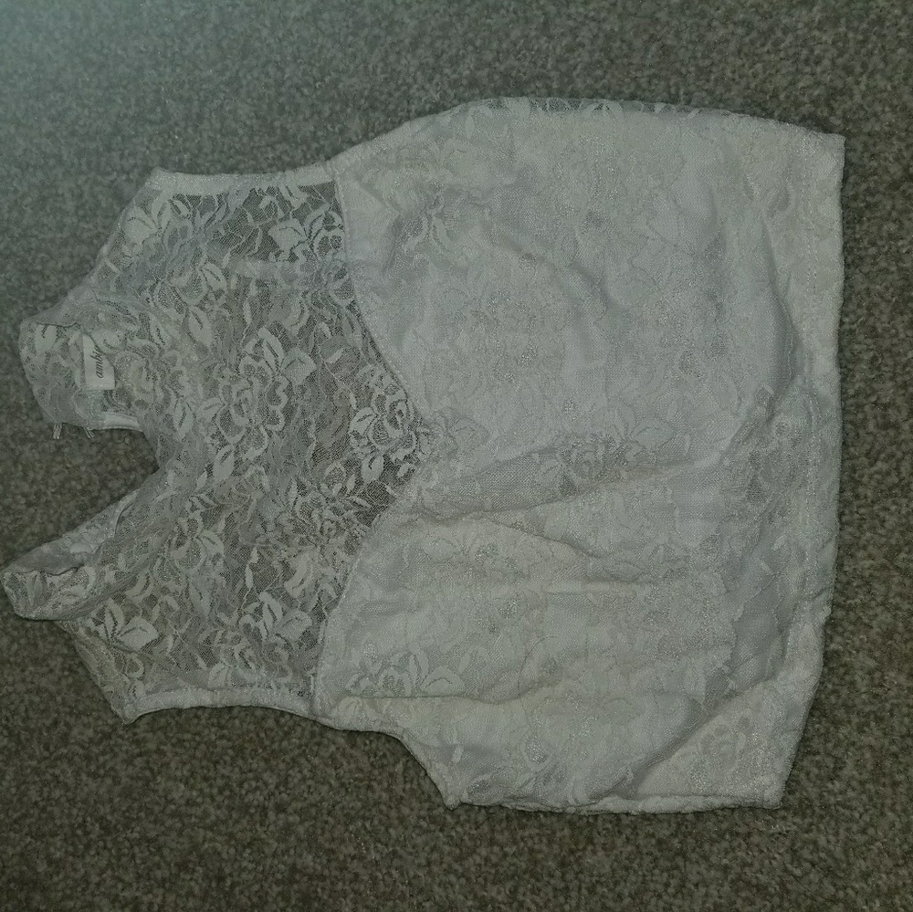 White lace high neck crop top